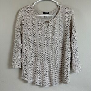 Onyx Apparel Beige Crochet Lace Top XL Lined 3/4‎ Fairy Bell Sleeve Boho Blouse